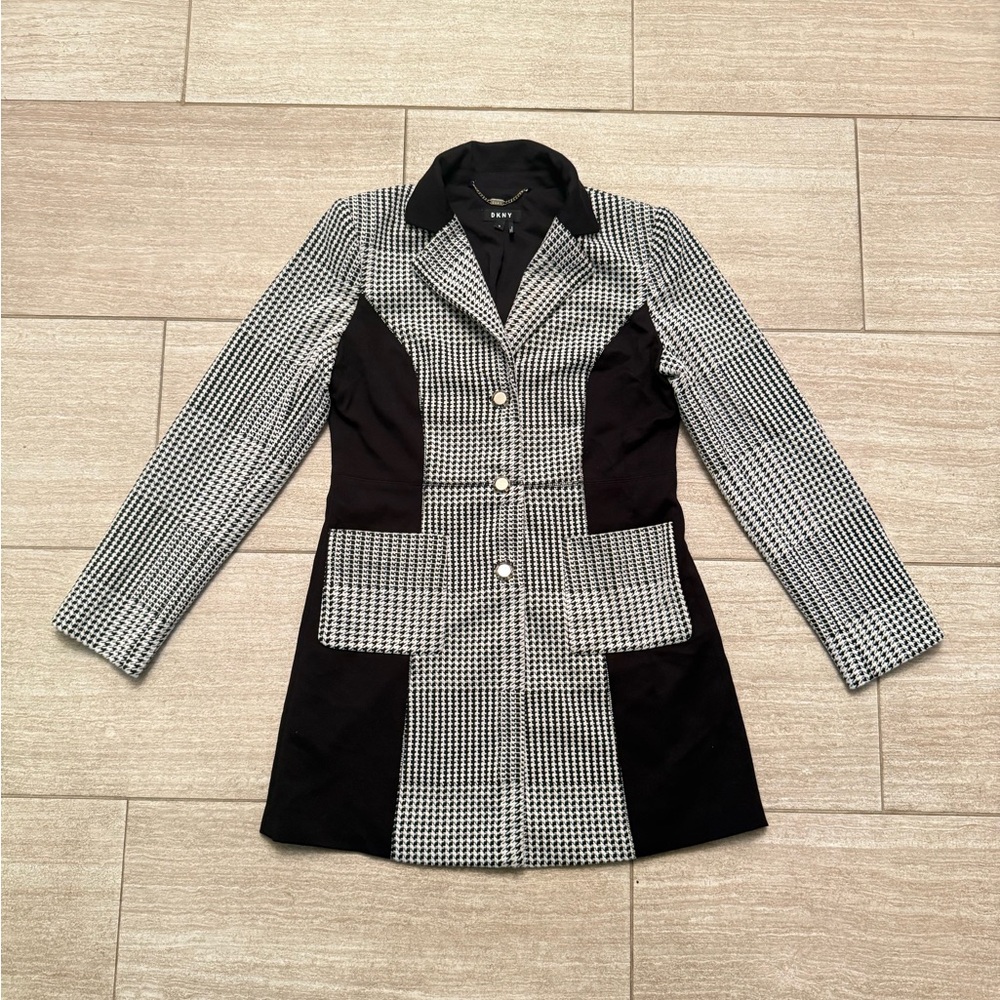 DKNY Houndstooth Long Blazer Coat Jacket Women’s 10 Black White Workwear Office